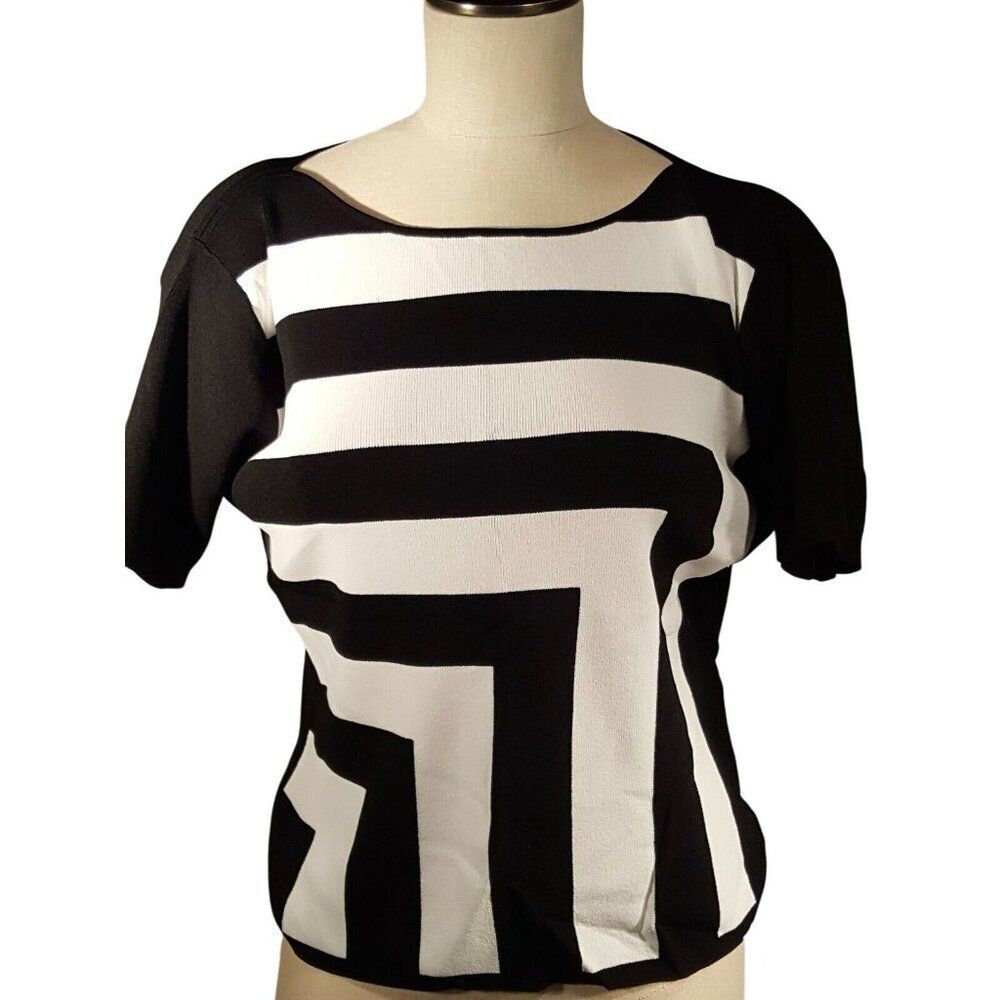 Linda Matthews Knit Top Womens L Black White Striped Short Sleeve Scoop Neck